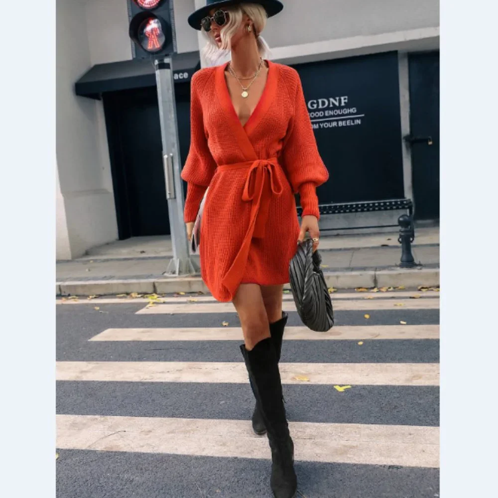 Rib-Knit Lantern Sleeve Belted Sweater Dress - Picture 9 of 16